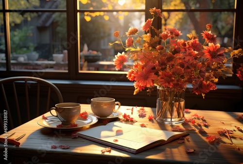 Cozy Dining Table with Window View and Floral Decor