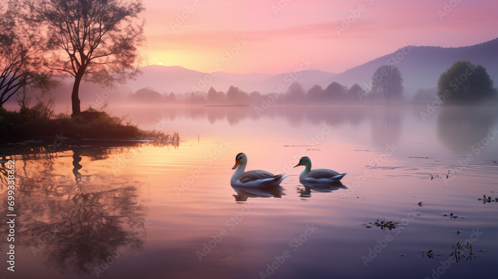 Serene Dawn on Swan Lake: Springtime Reflections, Generative AI illustration