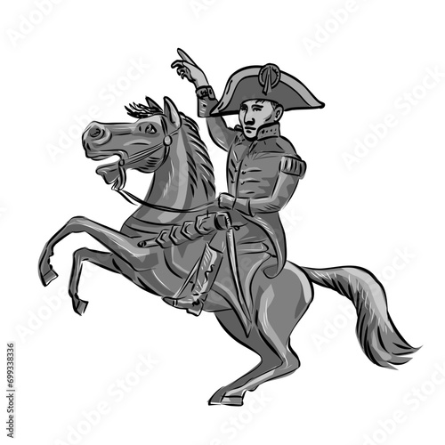 Mascot illustration of Napoleon Bonaparte or Napoleon I, a French emperor and military commander riding a prancing horse viewed from side on isolated background done cartoon retro style.
