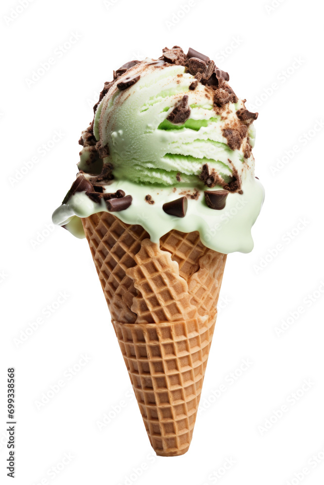 Mint Chocolate Chip Ice Cream Cone Isolated on a Transparent Background Mint Chocolate Chip Ice Cream Cone Isolated on a Transparent Background