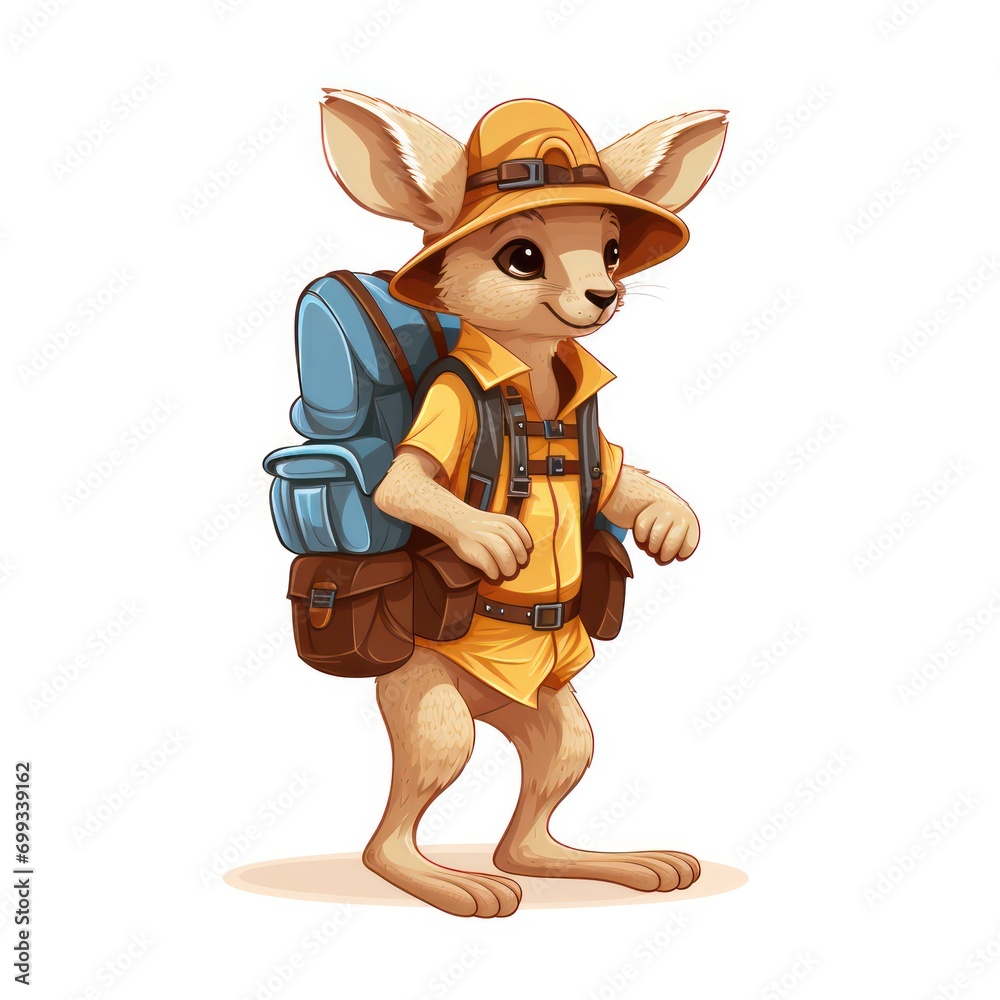 Fototapeta premium An adventurous Kangaroo wearing a explorer 's hat and a backpack
