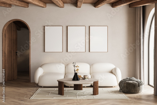 Mockup frame in interior background, room in light pastel colors, Scandi-Boho style