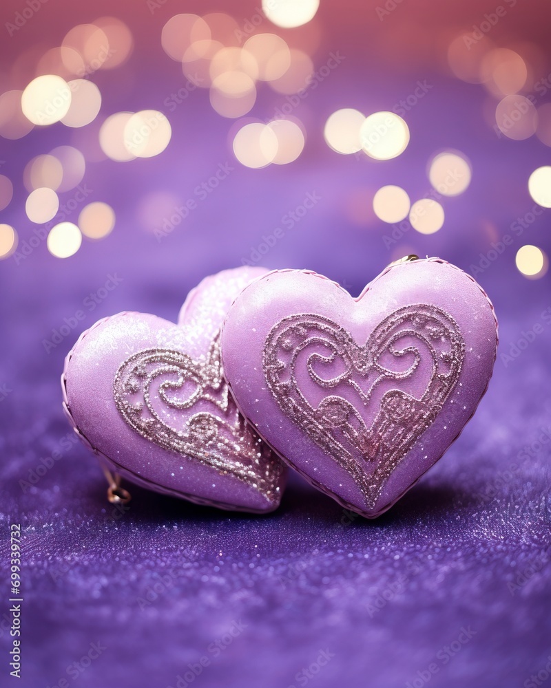 Two Soft Pink Hearts With Lace On Purple Glitter Background With Sparkles, copy space - generative ai Two Soft Pink Hearts With Lace On Purple Glitter Background With Sparkles, copy space - generative ai
