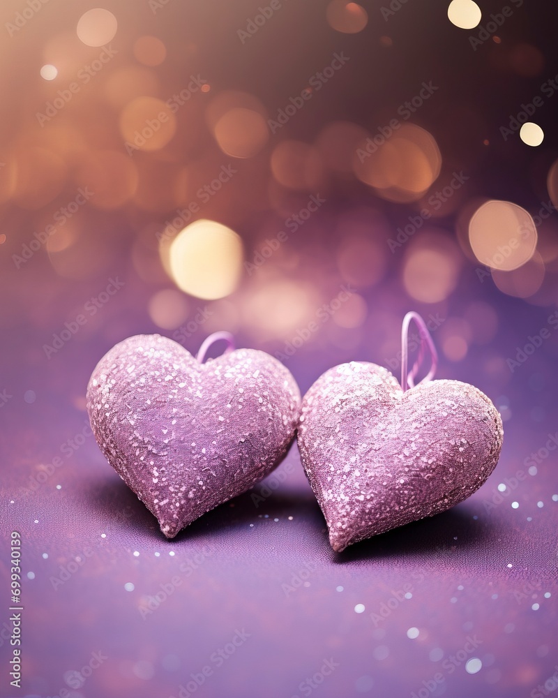 Two Soft Pink Hearts With Lace On Purple Glitter Background With Sparkles, copy space - generative ai
