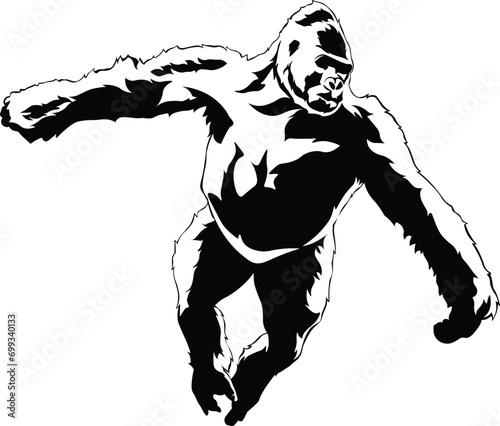 Cartoon Black and White Isolated Illustration Vector Of A Silverback Gorilla Jumping