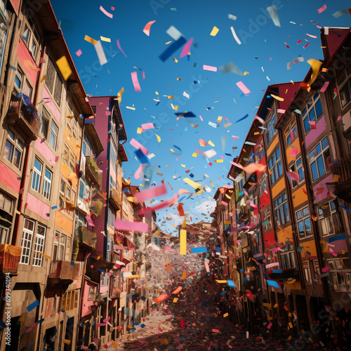 Lot of festival confetti on the old Porto street