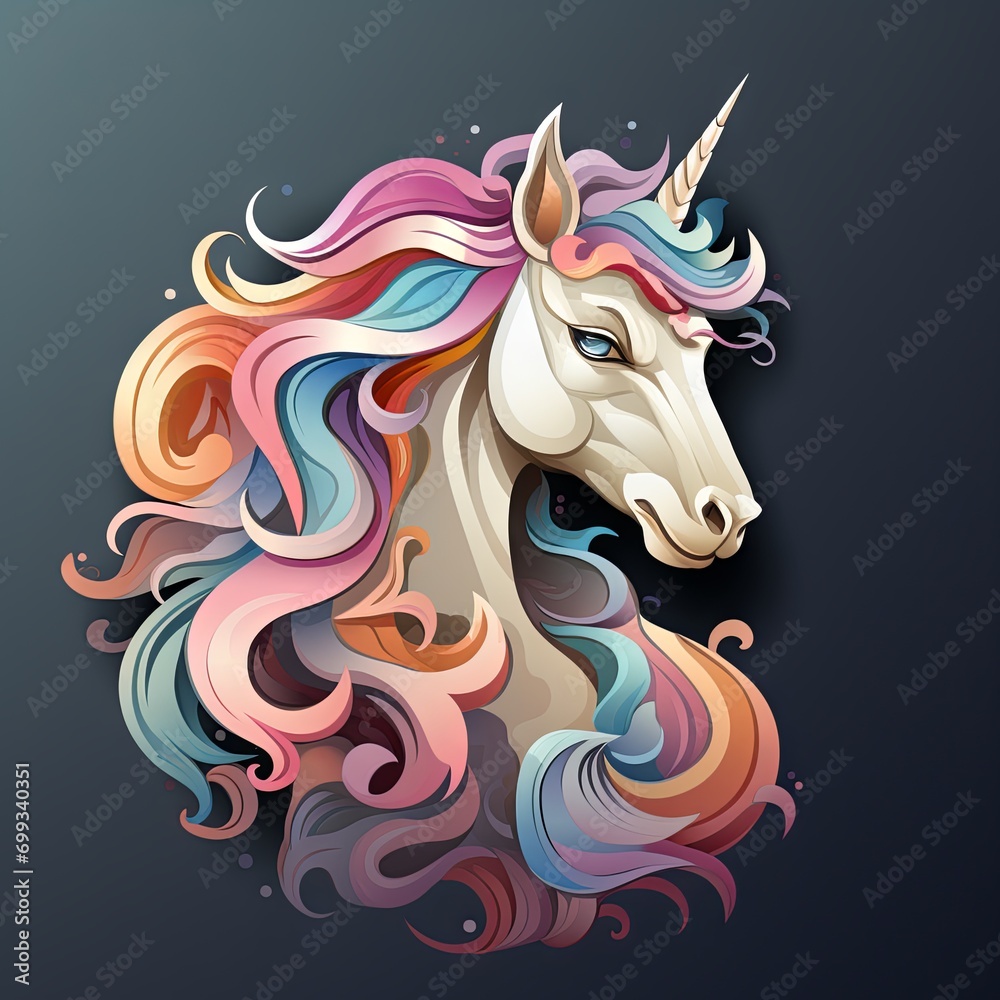 Illustration of a unicorn with a bright, multi-colored mane on a dark background, dynamic and expressive design with fantasy elements, icon sign Illustration of a unicorn with a bright, multi-colored mane on a dark background, dynamic and expressive design with fantasy elements, icon sign