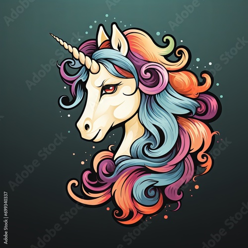 Illustration of a unicorn with a bright, multi-colored mane on a dark background, dynamic and expressive design with fantasy elements, icon sign