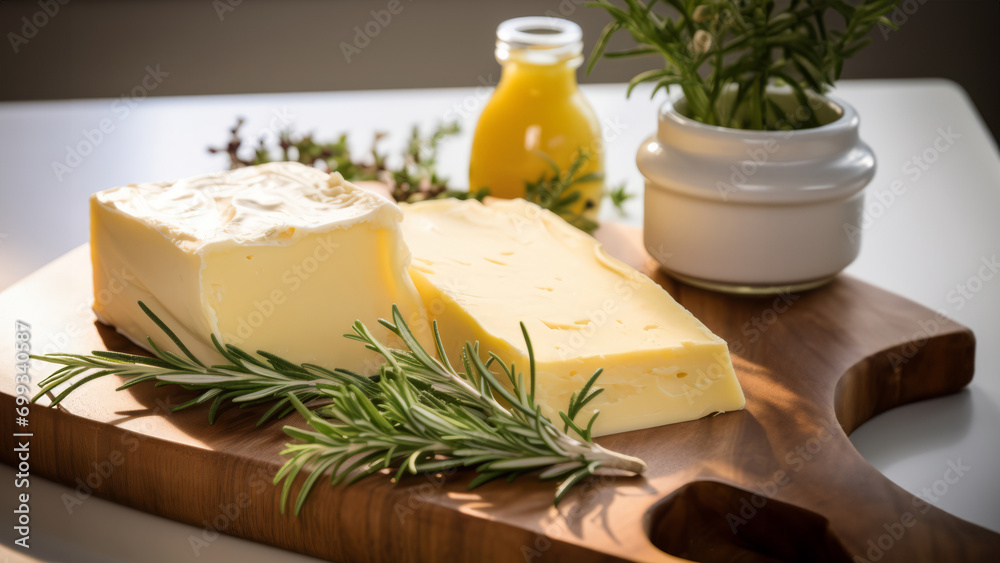 Butter and rosemary on the wooden cutting board