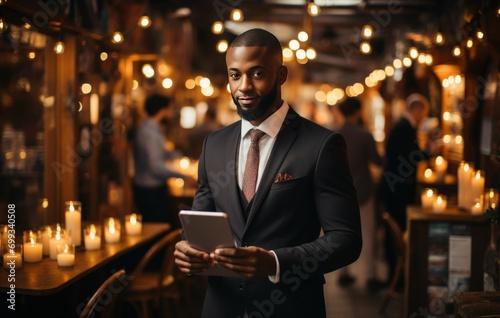 Confident African American man in black suit holding tablet in upscale restaurant