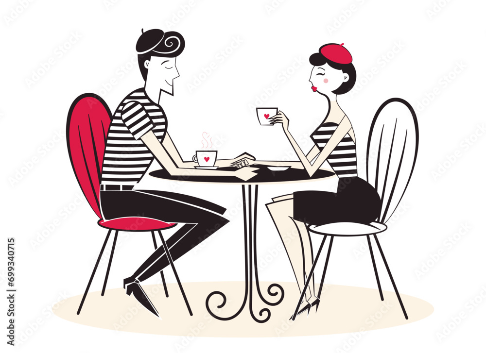Retro hand drawn people characters, flirting mime couple in cafe drinking coffee. Valentine's Day characters in style of 60's-70's. 