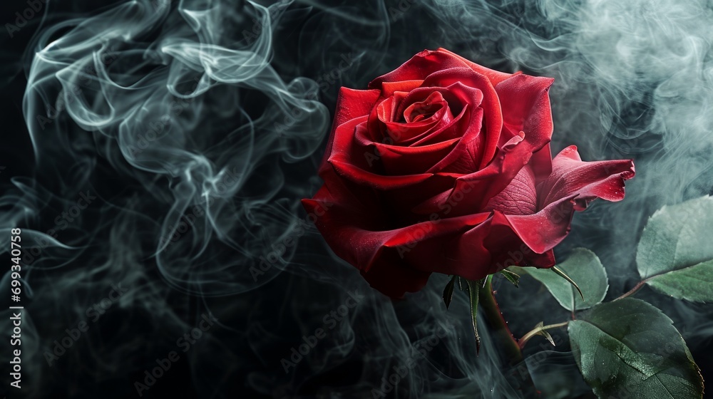 A red rose surrounded by clouds of smoke on a black background. Concept of smoky elegance