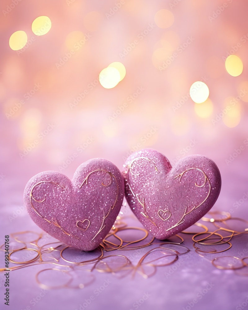 Two Soft Pink Hearts With Lace On Purple Glitter Background With Sparkles, copy space - generative ai Two Soft Pink Hearts With Lace On Purple Glitter Background With Sparkles, copy space - generative ai