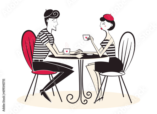 Retro hand drawn people characters, flirting mime couple in cafe drinking coffee. Valentine's Day characters in style of 60's-70's. 
