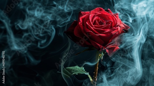 A red rose surrounded by clouds of smoke on a black background. Concept of smoky elegance