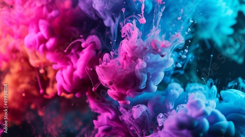 Abstract colorful explosion of neon ink on a black background. Dynamic and bright display of colors and energy