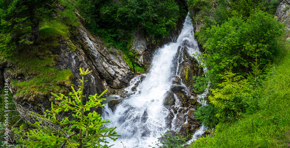 Hiking to the Parcines Waterfalls near Meran in South Tyrol Italy. 