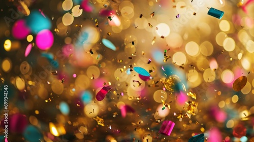 Bright and colorful confetti on a golden background. Birthday colorful background