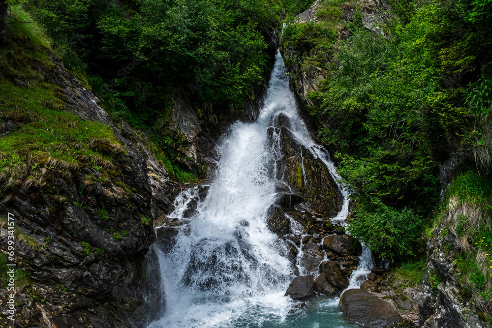 Hiking to the Parcines Waterfalls near Meran in South Tyrol Italy. 