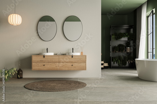 Modern minimalist bathroom interior  bathroom cabinet  double sink  wooden vanity  interior plants  bathroom accessories  bathtub  sea view  white and green wall  concrete floor