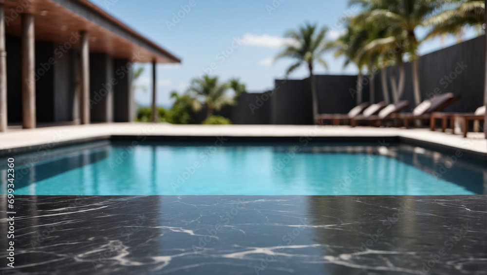 empty black marble table with blurry swimming pool background, backdrop with copy space