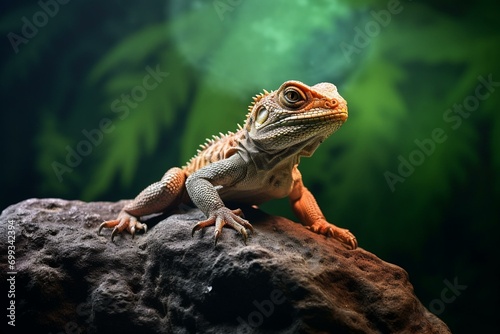 A reptile perched on a stone. Close-up. Generative AI © Matej