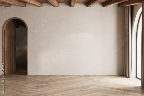 Boho cozy empty living room design, pastel color wall mockup, © leymandesign