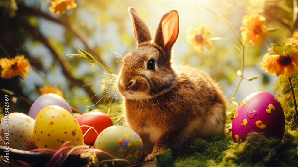 Abstract futuristic Easter concept. Cute little Easter bunny. Background decorated with Easter eggs. Abstract futuristic Easter concept. Cute little Easter bunny. Background decorated with Easter eggs.