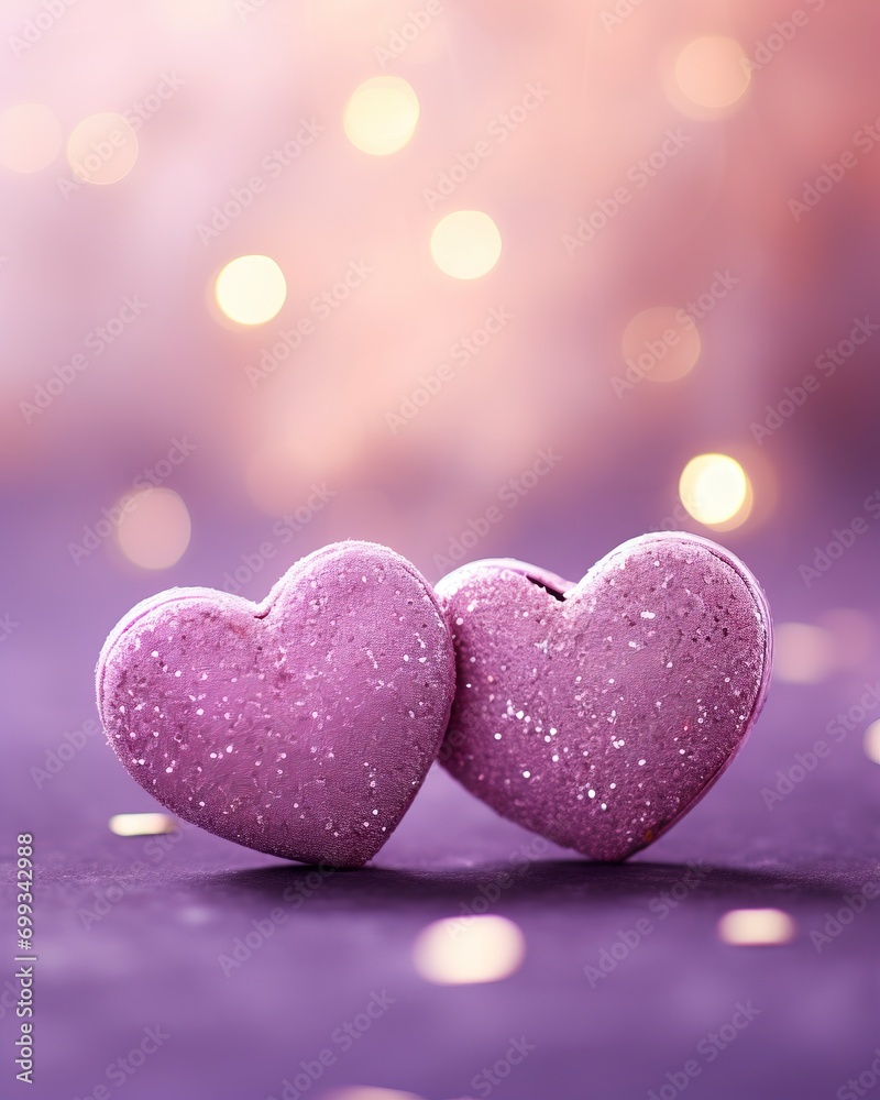 Two Soft Pink Hearts With Lace On Purple Glitter Background With Sparkles, copy space - generative ai Two Soft Pink Hearts With Lace On Purple Glitter Background With Sparkles, copy space - generative ai