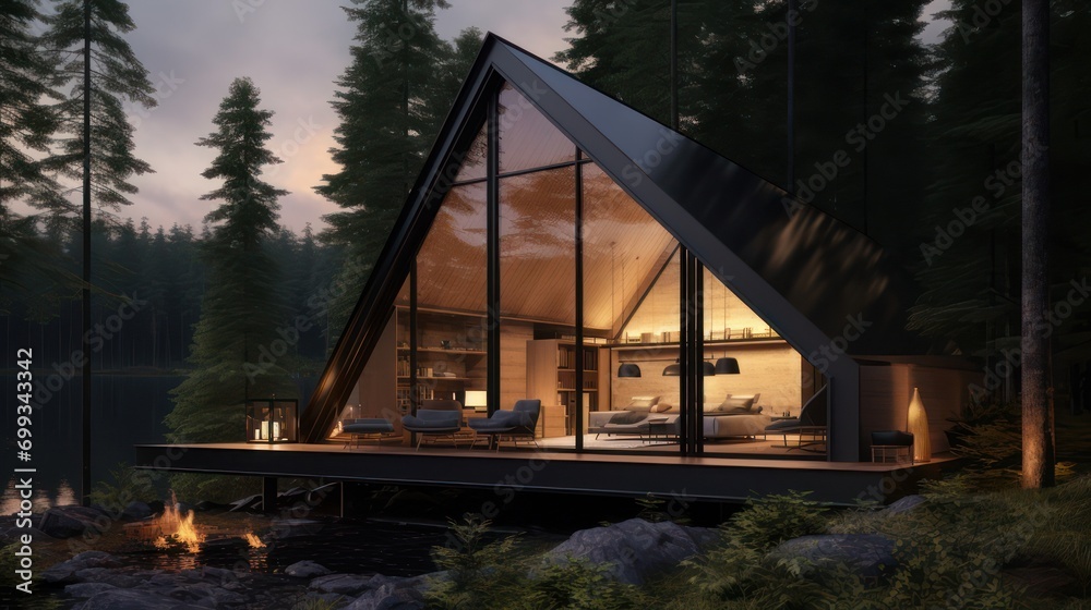 Fototapeta premium Glass cabin outdoors in the forest, with modern and contemporary triangular architecture 