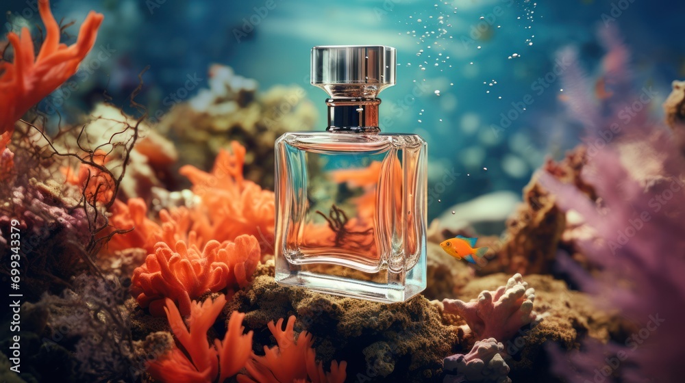 Essence of the Ocean: Perfume Bottle Amidst Coral Reefs