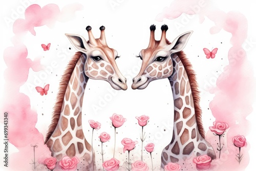 Two cute giraffes are happy because they are in love with each other with hearts. valentine s day.