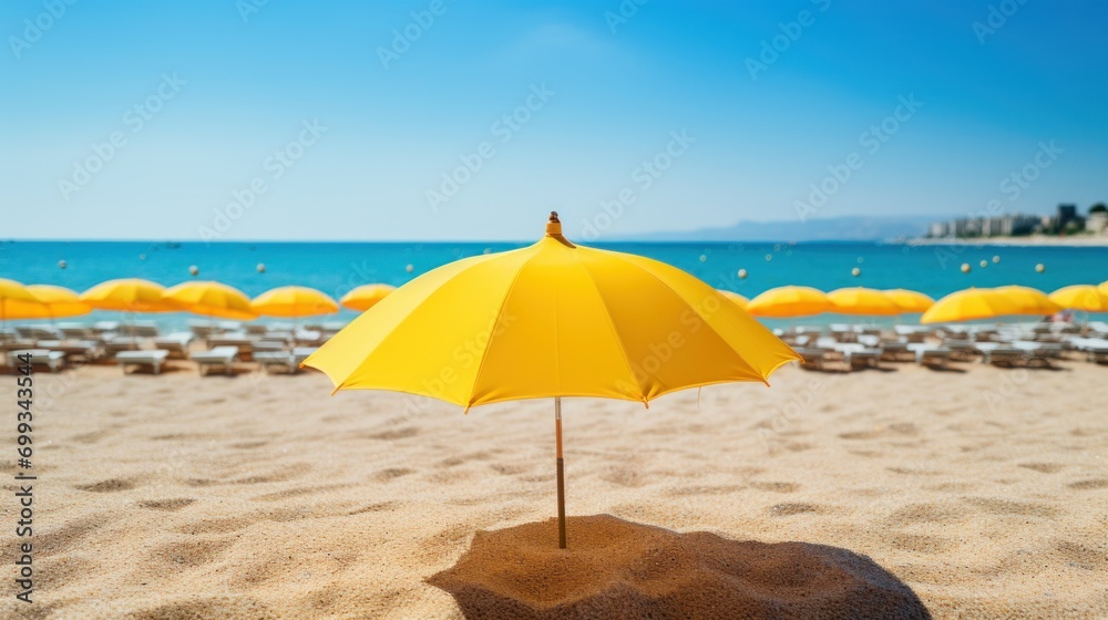Sunny Beach Day with Yellow Umbrellas