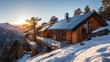 Eco-Friendly Cabin with Solar Panels in Snowy Mountains