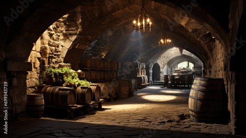 Medieval Stone Wine Cellar with Barrels photo
