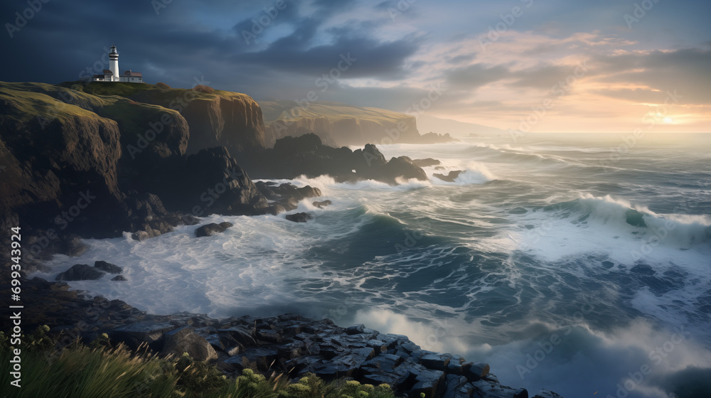 Obraz premium Coastal Serenity: Sunset at the Lighthouse with Soaring Seagulls, Generative AI illustration