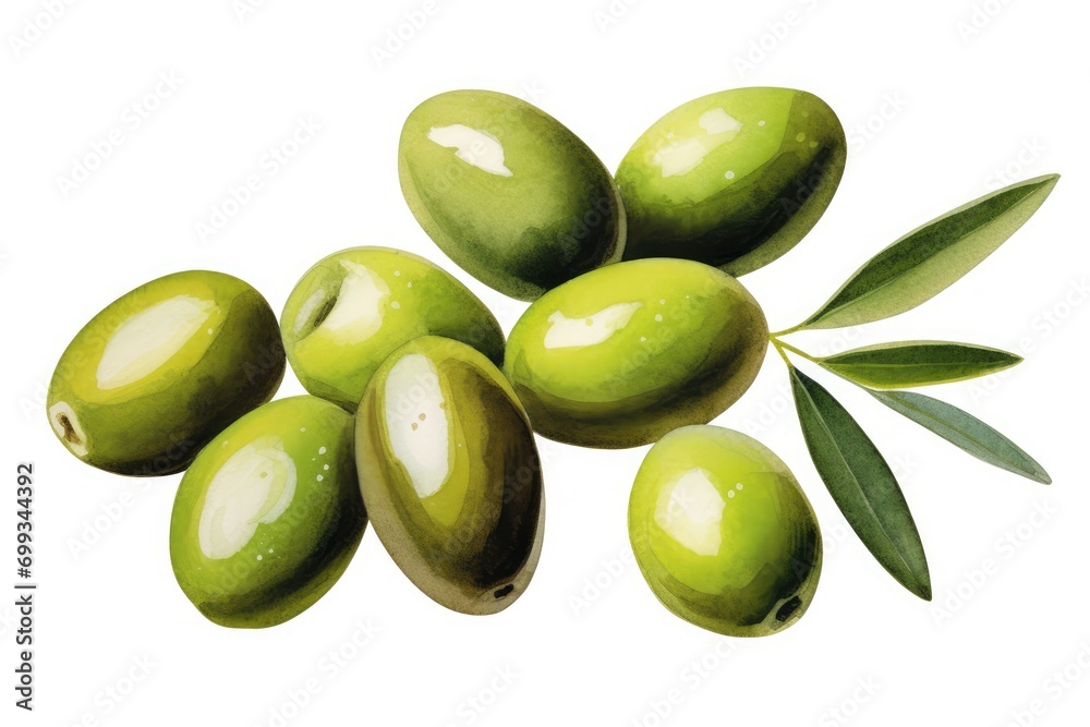 Illustration of a group of green olives with leaves on a white background as a design element for olive packaging.