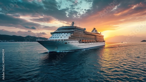 A luxurious cruise ship sailing on the ocean at sunset