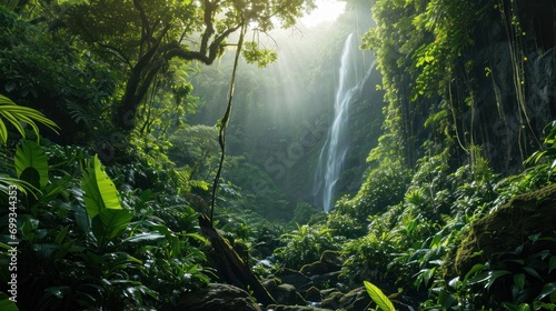 A panoramic view of a lush rainforest with a waterfall