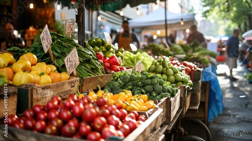 A bustling urban farmer's market with fresh organic produce
