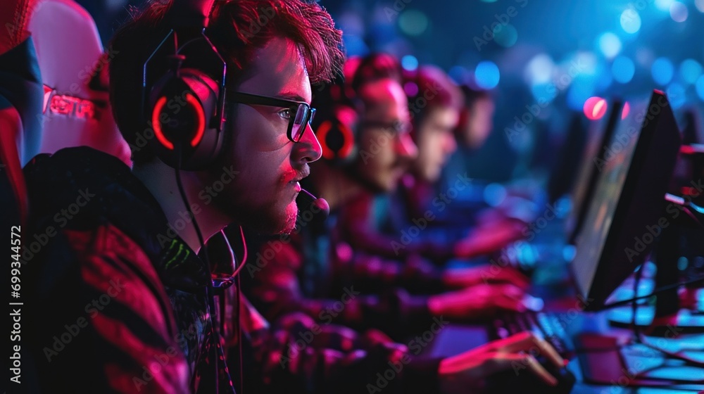 A group of professional gamers participating in an intense esports tournament. A group of professional gamers participating in an intense esports tournament.
