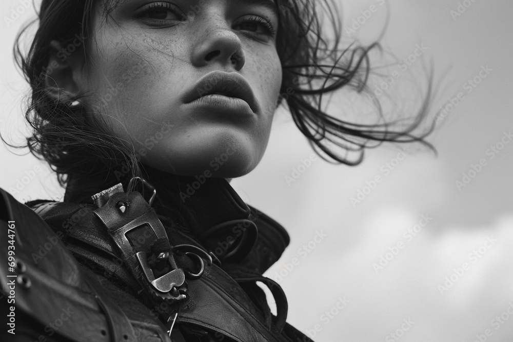 B&W portrait of fashion model in haute couture leather jacket and outfit. on location editorial magazine shoot.