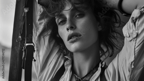 B&W portrait of fashion model in haute couture leather jacket and outfit. In the style of an on location editorial magazine shoot.