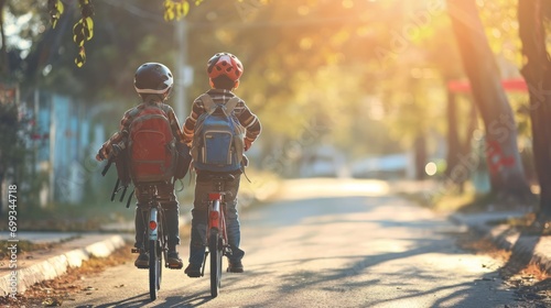 Two boys with backpacks on bicycles going to school © BraveSpirit