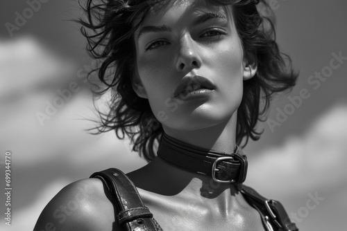 B&W portrait of fashion model in haute couture leather jacket and outfit. In the style of an on location editorial magazine shoot.