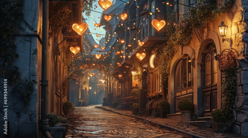 Heart-shaped lanterns lighting a quaint village street