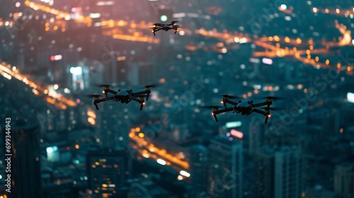 Black reconnaissance drones navigate the night sky above the city. Dark cityscape