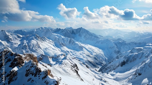 A panoramic view of a snow-covered mountain range