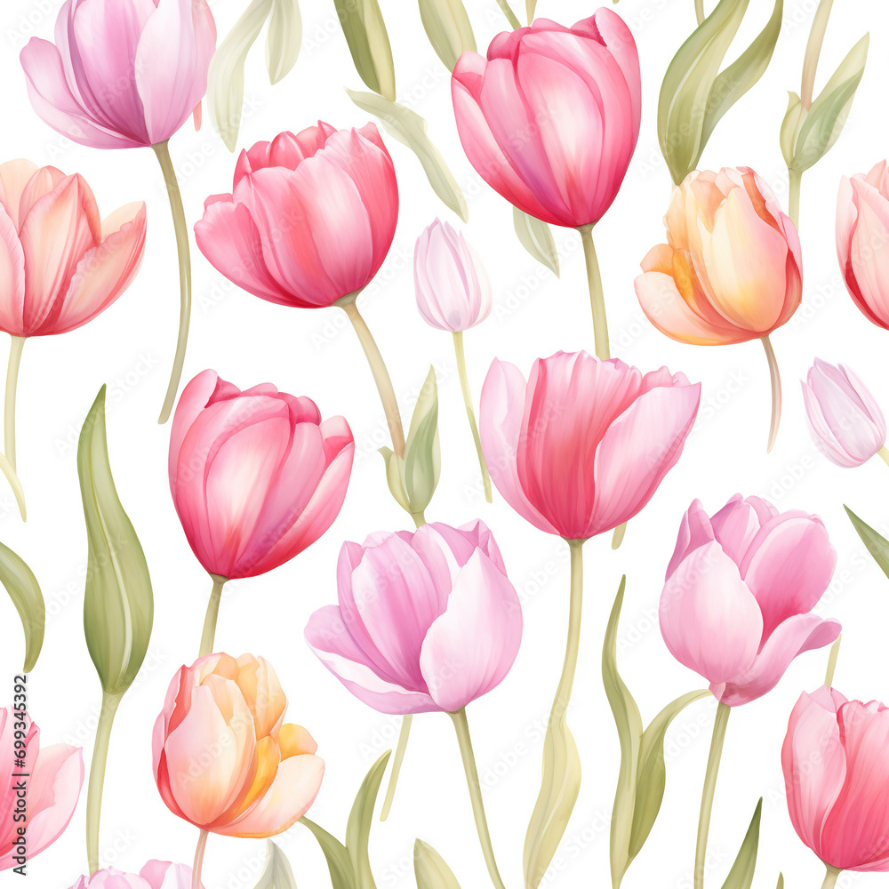 Beautiful pastel tulip flowers, seamless floral background in watercolor style