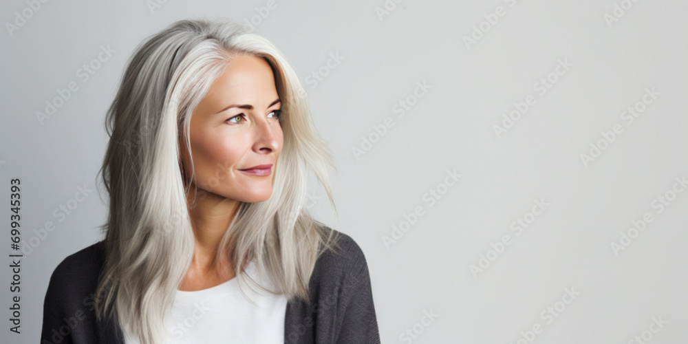Fototapeta premium Middle aged woman with beautiful white hair, copy space